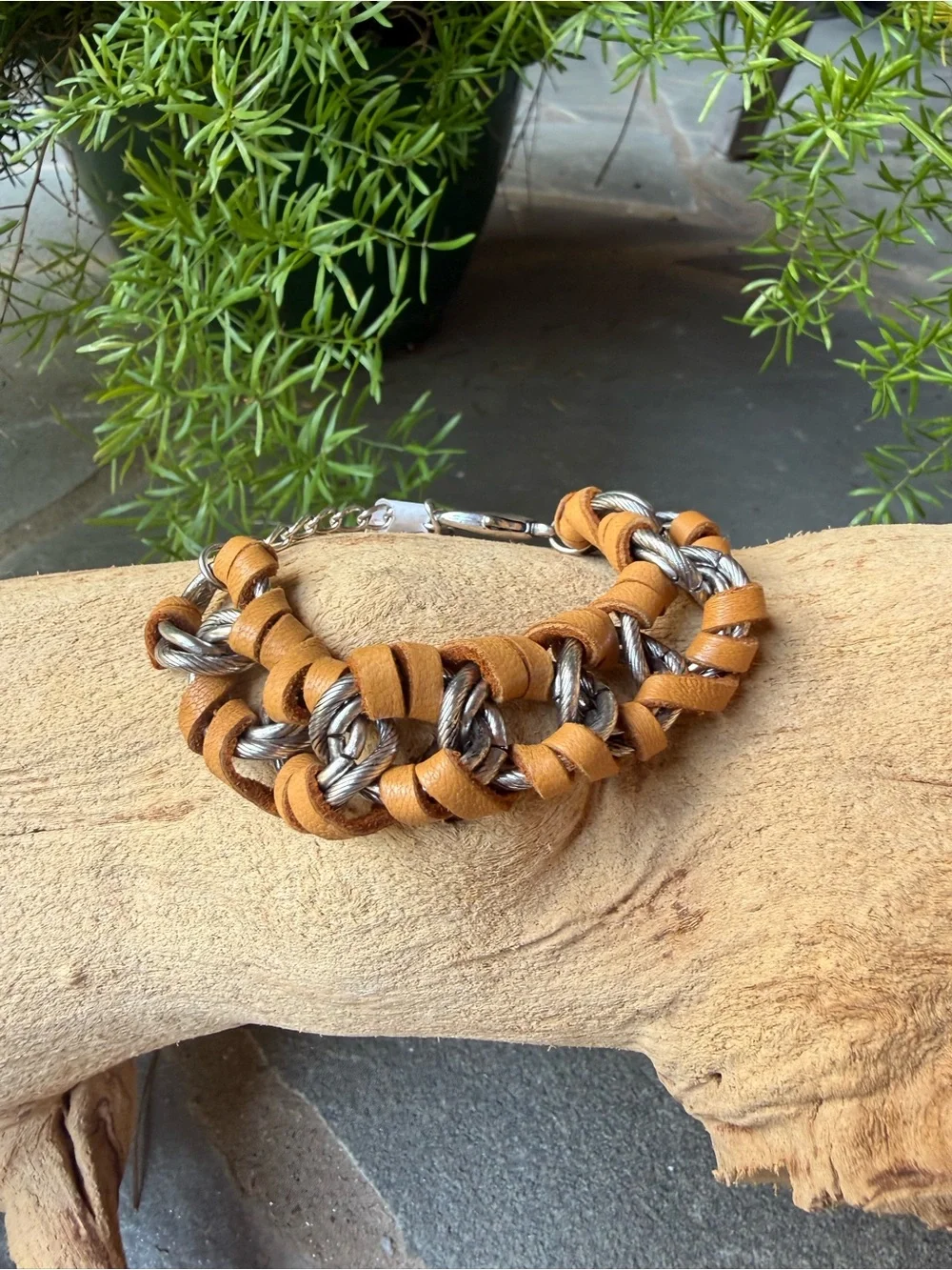 New🌟Free People-Braided Leather and Silver Chain Bracelet - Tan